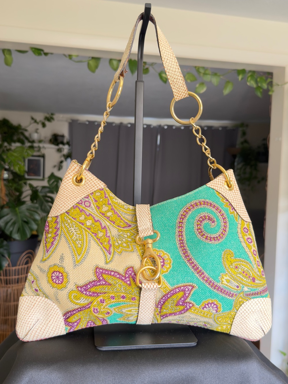 ETRO Milano Vintage Paisley Canvas Baguette Shoulder Bag Turquoise Gold Chain